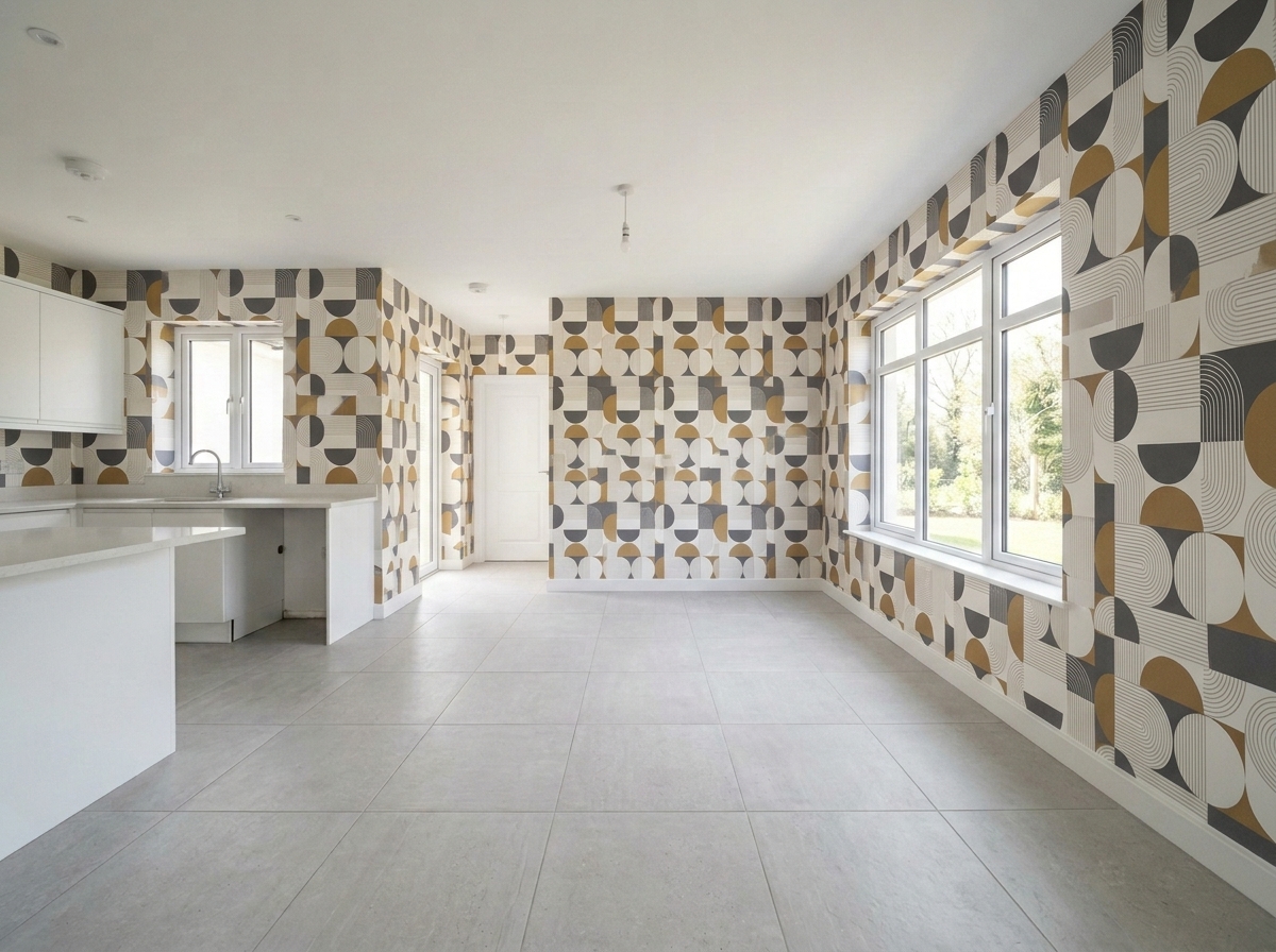 Kitchen breakfast nook with geometric paper