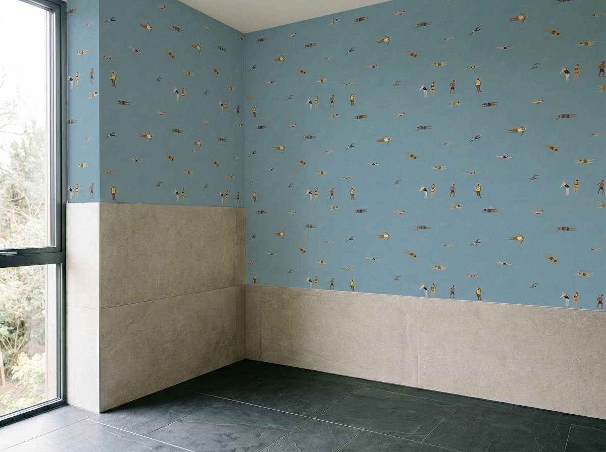Family bathroom with illustrated bathers