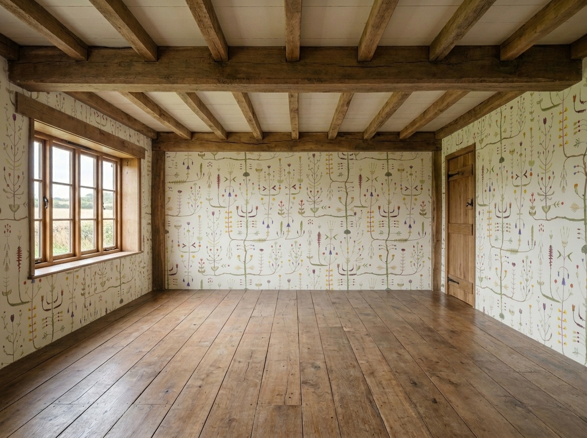 Light dining space with botanical wallpaper